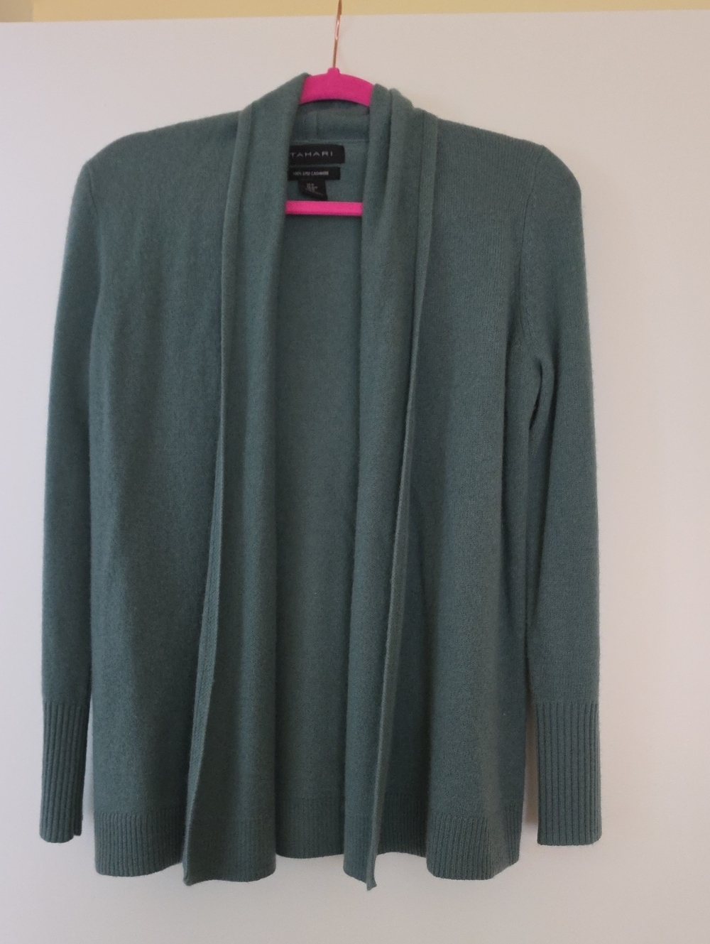Tahari 100% 2 ply Cashmere Open-Front Cardigan in Sage